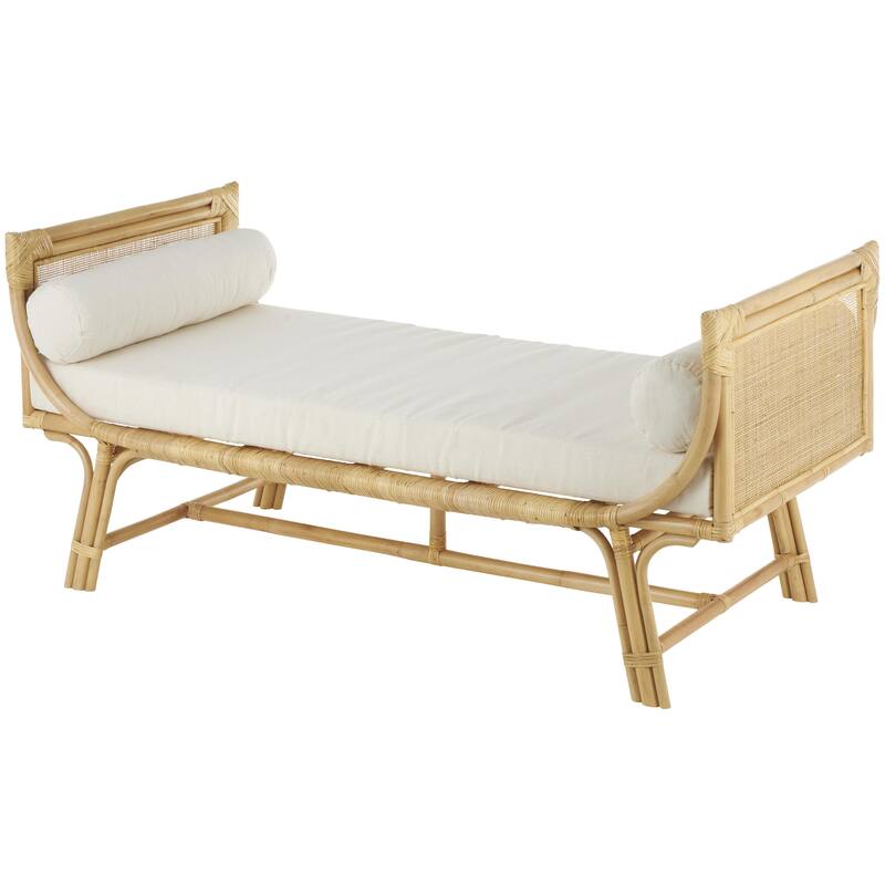 Light Brown Rattan Wrapped Home Bench with White Fabric Seat and Side Cushions