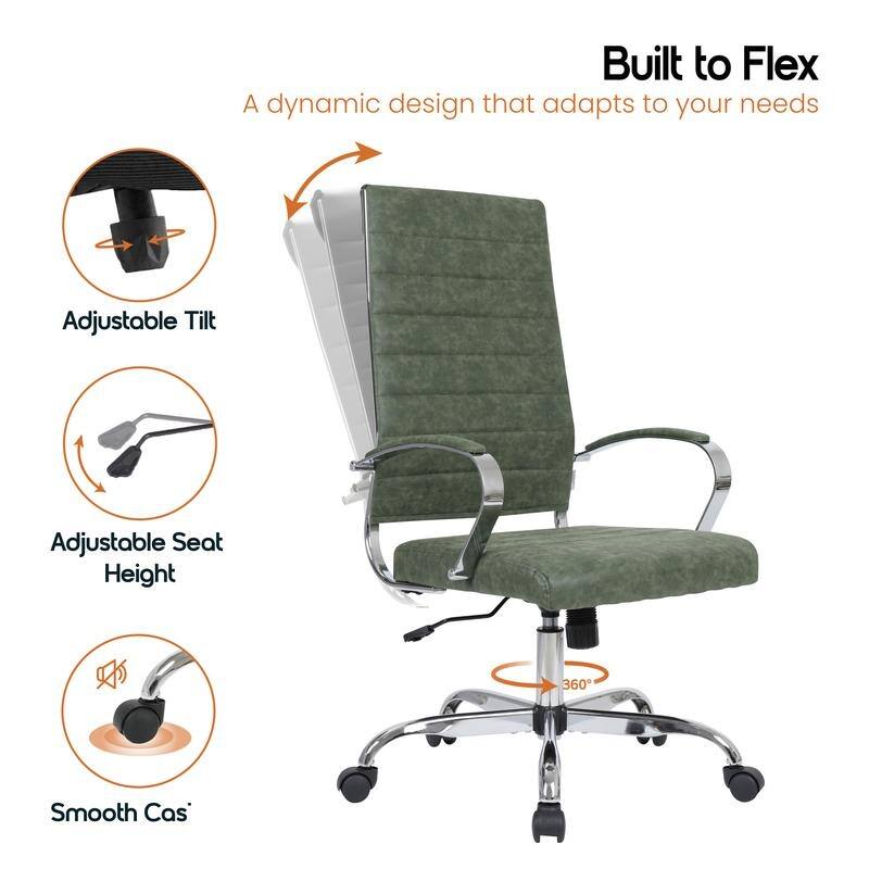Benmar High-Back Leather Office Desk Chair in Stainless Steel Frame Adjustable Height Tilt Lock 360 Swivel Ergonomic Chair