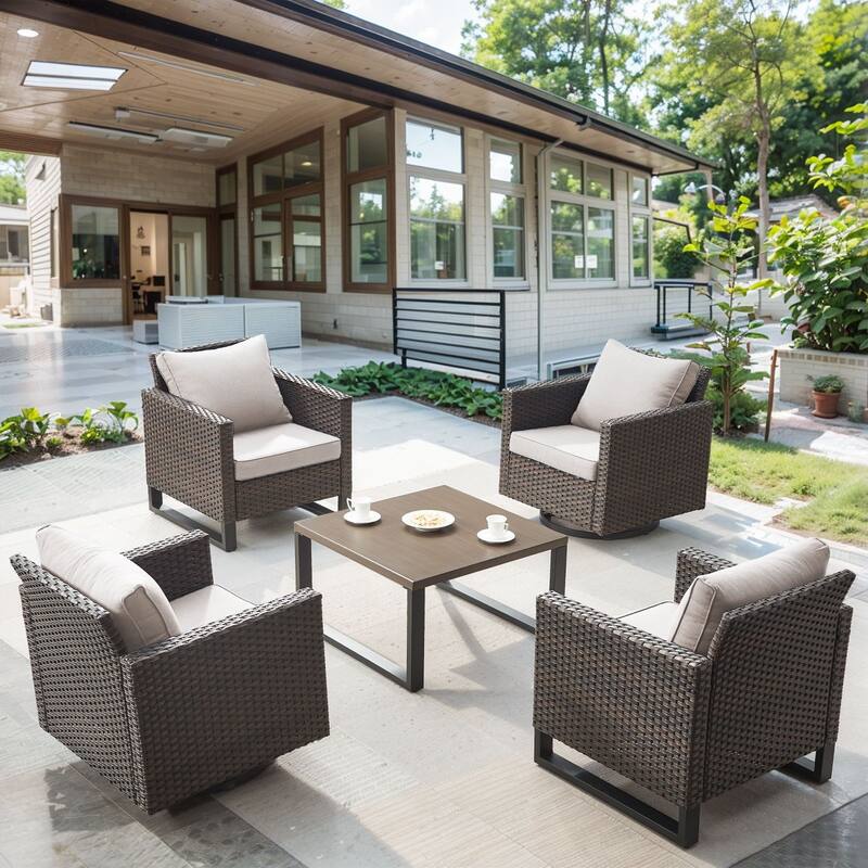 Gymojoy 5-Piece Outdoor Wicker Furniture Set - 2 Swivel Glider Chairs, 2 Patio Chairs & Coffee Table - Beige - 5-Piece