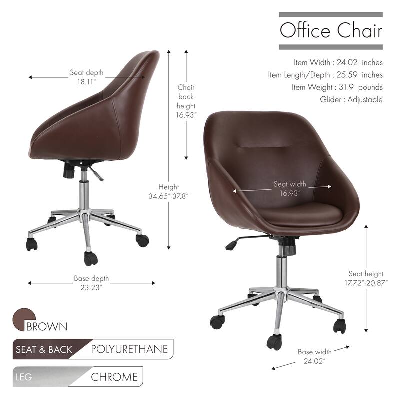 Porthos Home Hayes Swivel Office Chair, Chrome Base, PU Leather