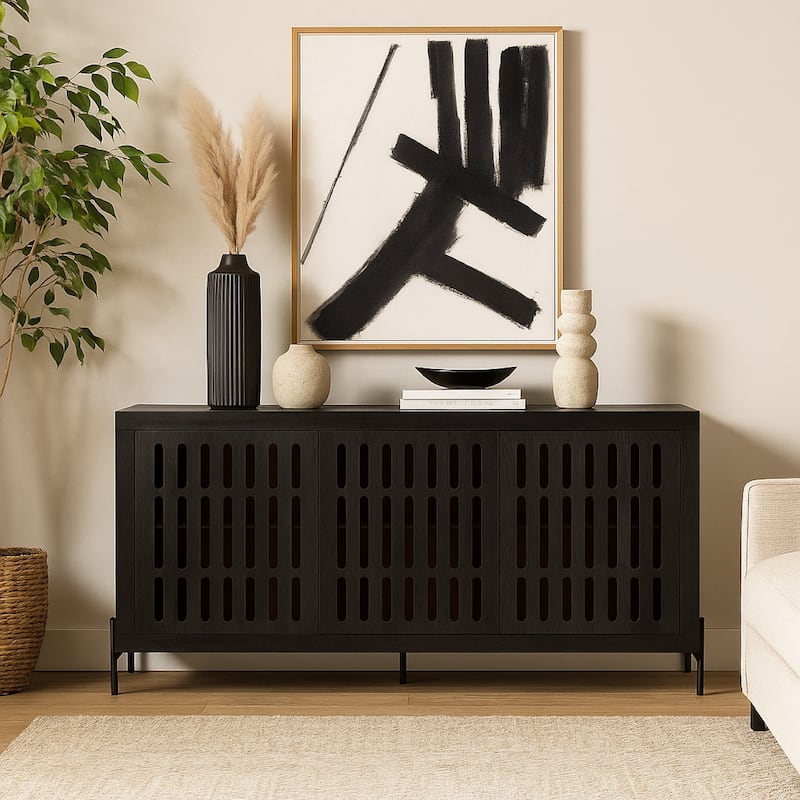 Lizzy Sideboard Console, 3 Inner Shelves, Black Natural Wood 64 Inch