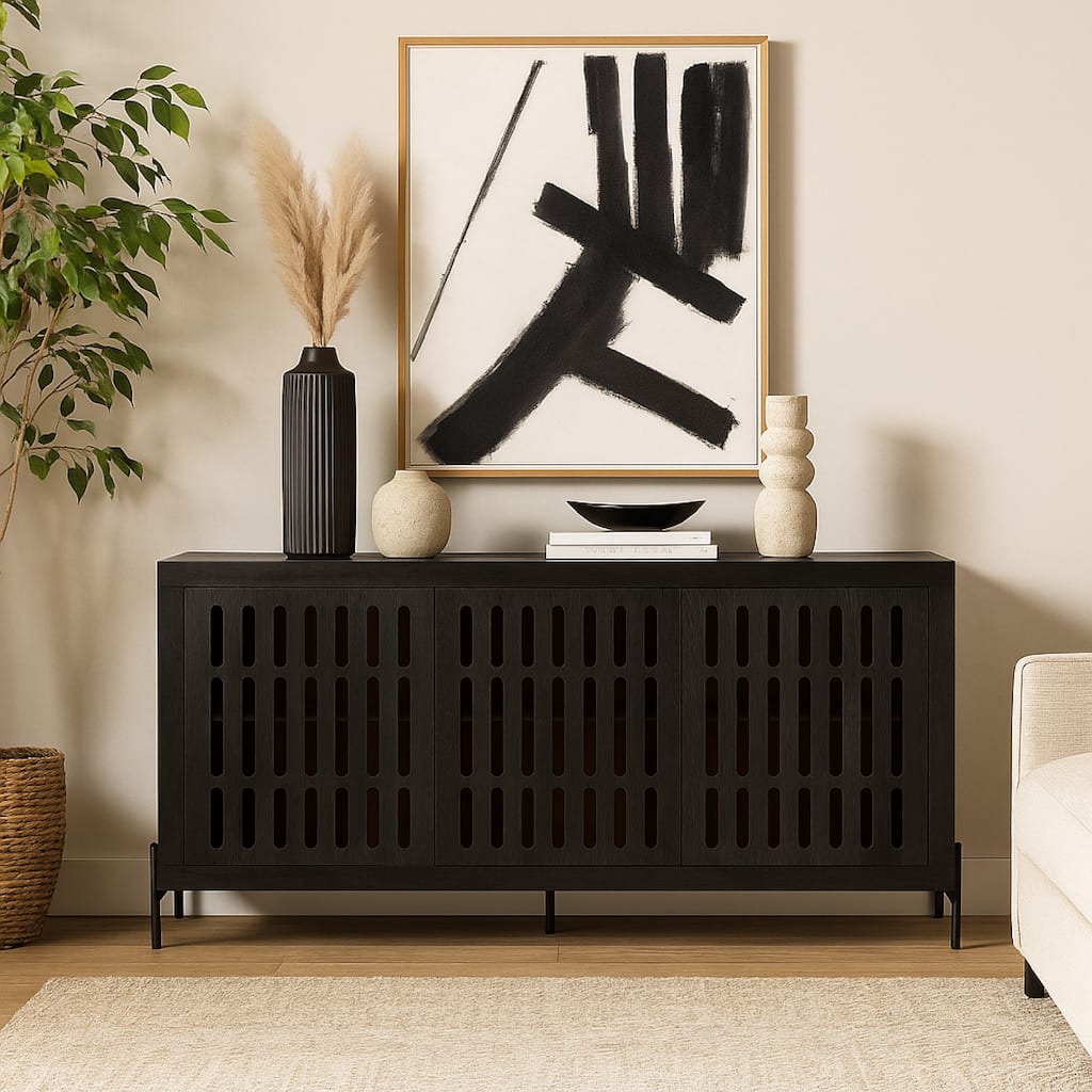 Lizzy Sideboard Console, 3 Inner Shelves, Black Natural Wood 64 Inch