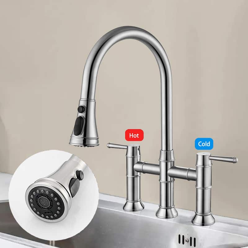 Topcraft Stainless Steel Two Handle Bridge Pull Down Kitchen Faucet