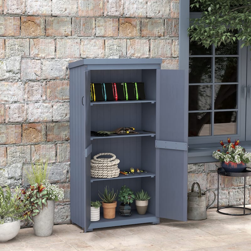 Outsunny Wooden Garden Shed, Outdoor Storage Cabinet with Waterproof Galvanized Metal Roof, Narrow Tool Shed - grey
