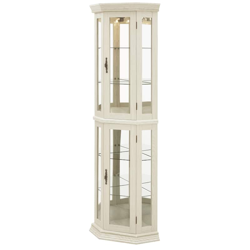 Lighted Corner Curio Cabinet Glass Display Shelf Tempered Doors Adjustable Shelving White