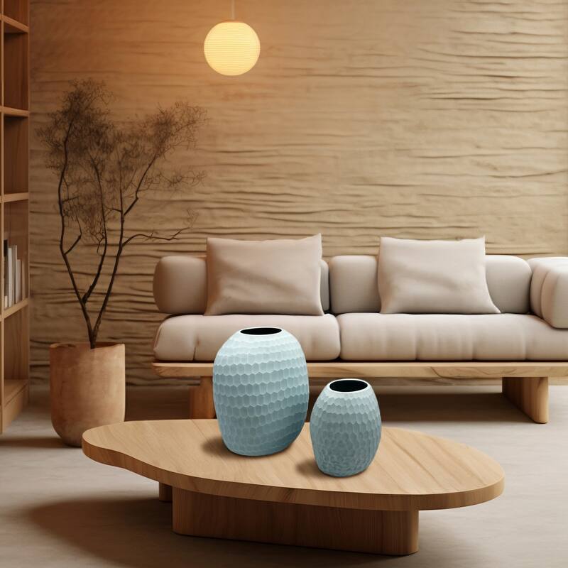 Set of 2 Decorative Handmade Oval Modern Flower Vase in Blue