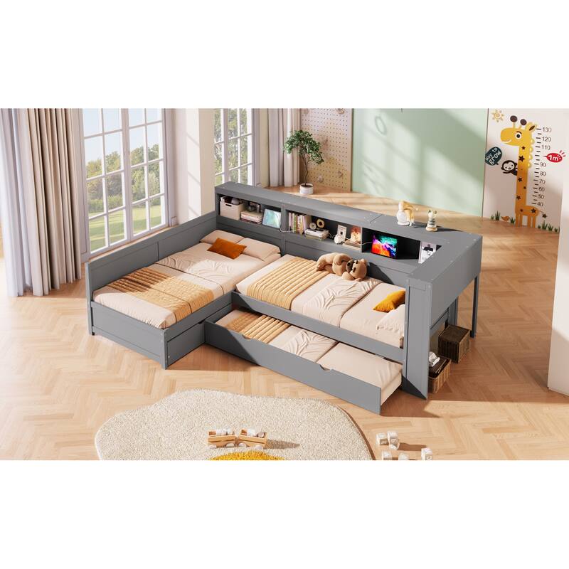 Roomfitters Twin L-Shaped Platform Bed with Trundle, Drawer and Charging Station