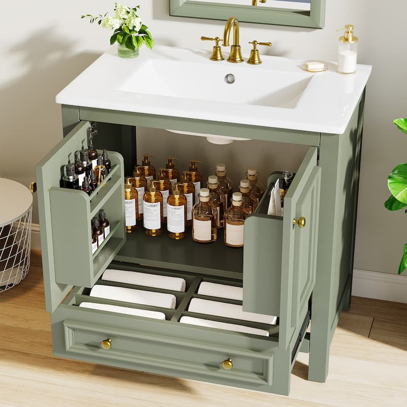Bathroom Vanity with Sink, Solid Wood Frame Freestanding Vanity with Door Organizer and Drawer