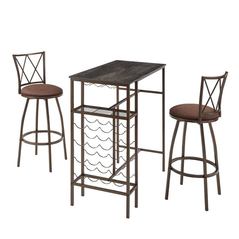 3PCS Dining Table Set Kitchen Bar Table with Two Stool and Wine Rack