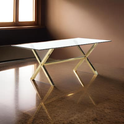 Tia 79 Inch Dining Table, Rectangular Tempered Glass Top, Gold, Clear