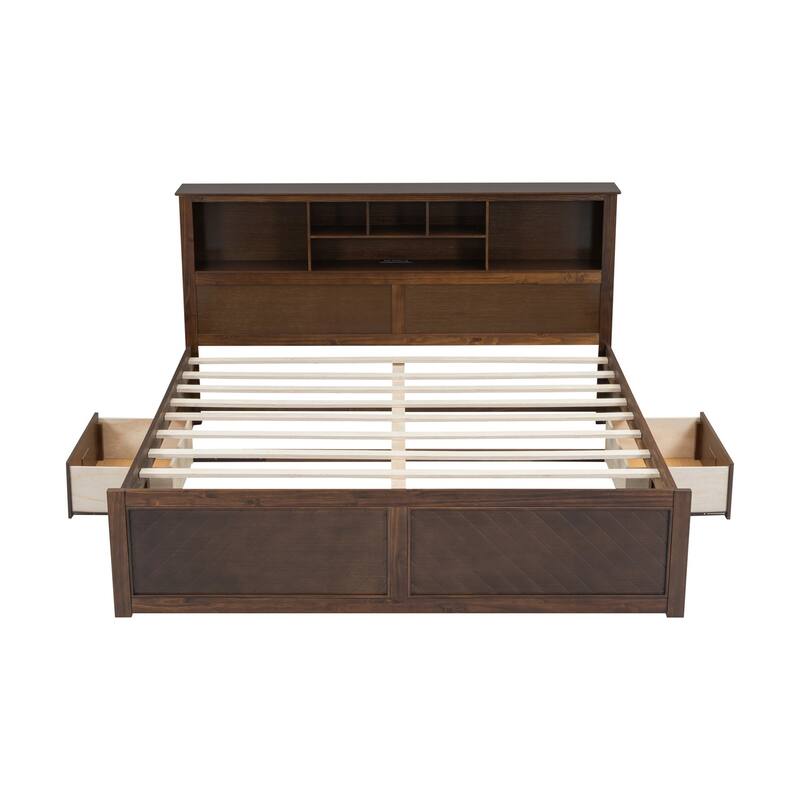 King Size Solid Wood Platform Bed Frame with Storage Headboard, Drawer