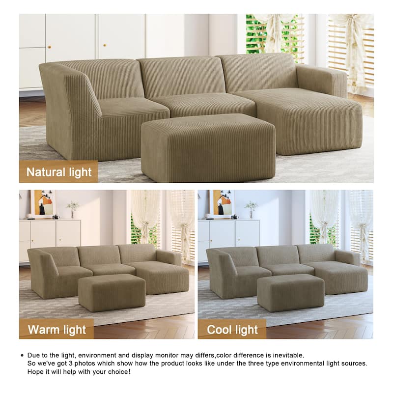 Modern Corduroy L-Shaped Foam Sectional Sofa with Chaise Lounge- Vacuum Packed, Tool-Free Setup