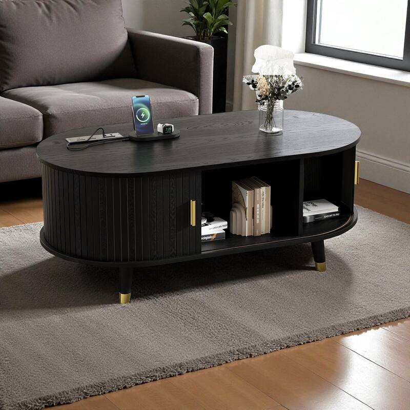 42.5'' Oval Fluted Coffee Table with Charging Station, Mid-Century Tambour Door Center Table with Solid Wood Legs