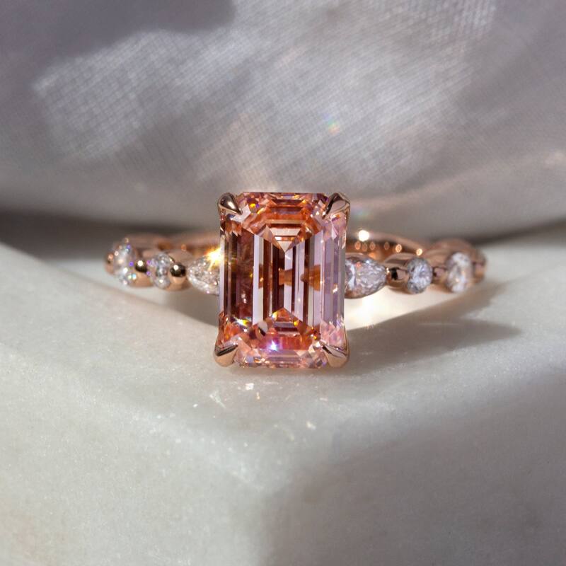 Kobelli 3.64 Carat Lab Fancy Intense Pink Diamond IGI Certified 18k Solid Rose Gold Emerald-cut Bubble Band Scalloped Ring