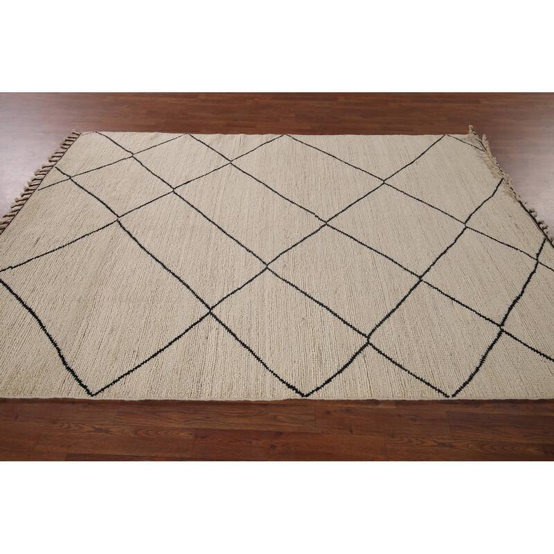 Trellis Moroccan Oriental Area Rug Hand-Knotted Beige Wool Carpet - 5'7"x 8'0"