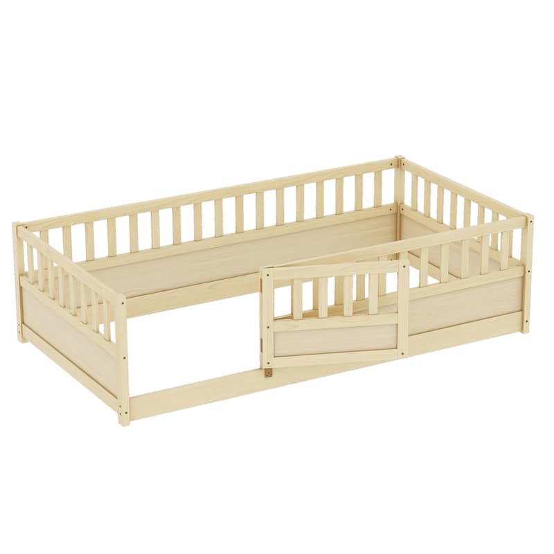 Twin Size Pine Wood Floor Bed, Integral Construction with Super High Security Barrier, Door, Children's Floor Bed Frame