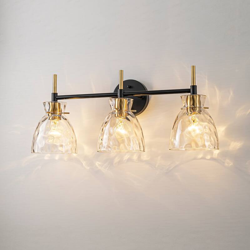 1-Light/3-Light Matte Black and Antique Brass Bathroom Vanity Light with Water-Rippled Glass Shade
