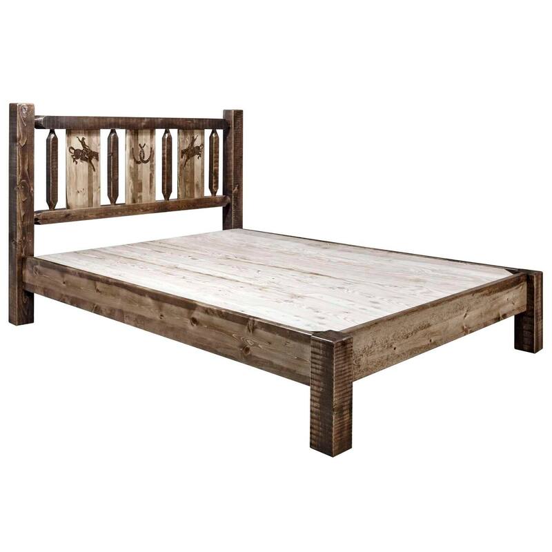 King Size Platform Bed - Rustic Bronc Design - Laser Engraved Headboard - Clear Lacquer Finish