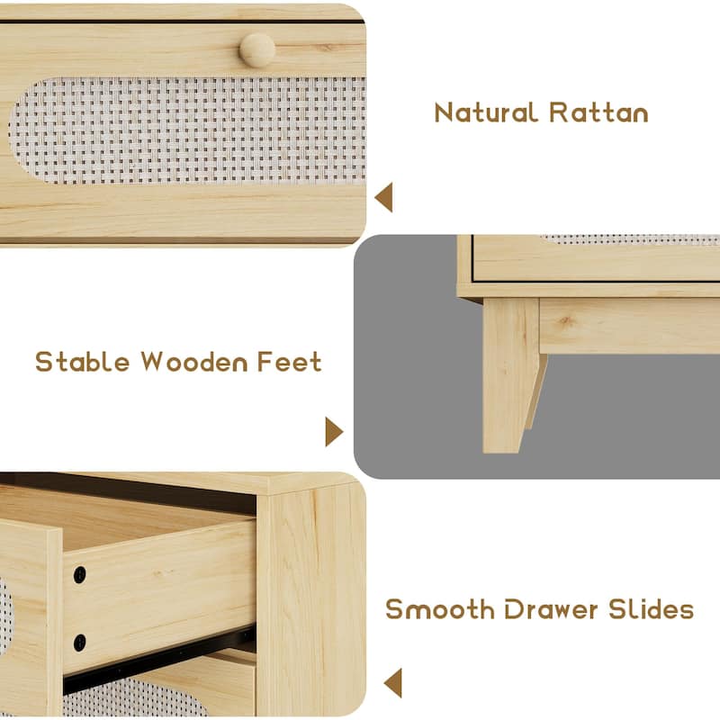6-Drawer Rattan Dresser with Power Outlet, Wooden Chest of Drawers
