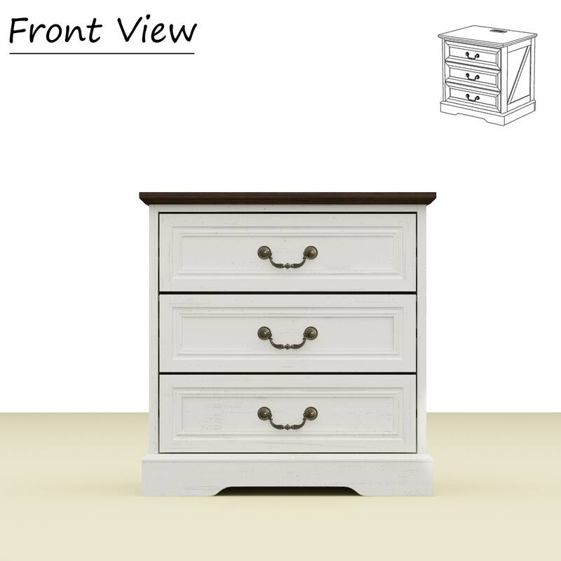 Farmhouse Nightstand with Charging Station, 3 Drawer Bedside Table with 2 AC Outlets & 2 USB Ports, Rustic Wood End Table