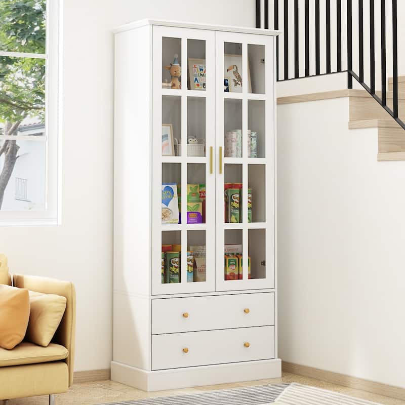 Glass Display Cabinet with 4 Shelves, 2 Doors Curio Cabinets Pantry - 31.5"Wx70.1"H - White