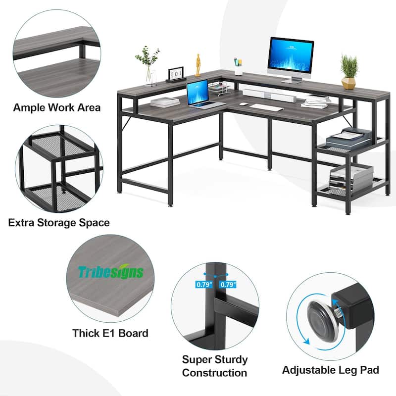 69" L Shaped Desk with Monitor Shelf, Reversible Corner Computer Desk for Office Home
