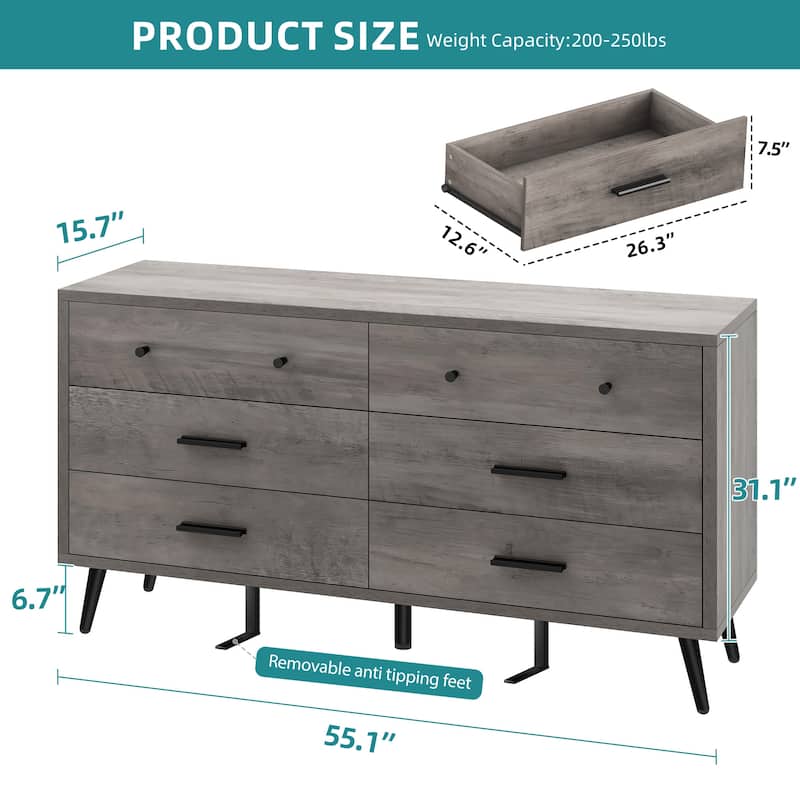 55" Wide Modern Wood 6 Drawers Dresser Chest of Drawers
