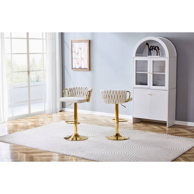 Set of 2 Modern Luxury Swivel Velvet Bar Stools, Adjustable Height with Gold Base & Rope Backrest - Beige