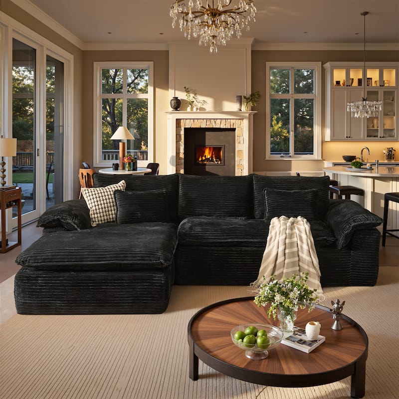 OVIOS Wide Ribbed Plush Sectional Sofa with Pillow-Top Arms - LeftChaise-Black