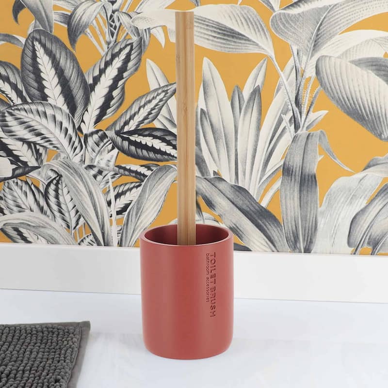 Chic Matte Toilet Brush Holder Set with Natural Bamboo Handle - 4 L x 4 W x 14.8 H - Terracotta