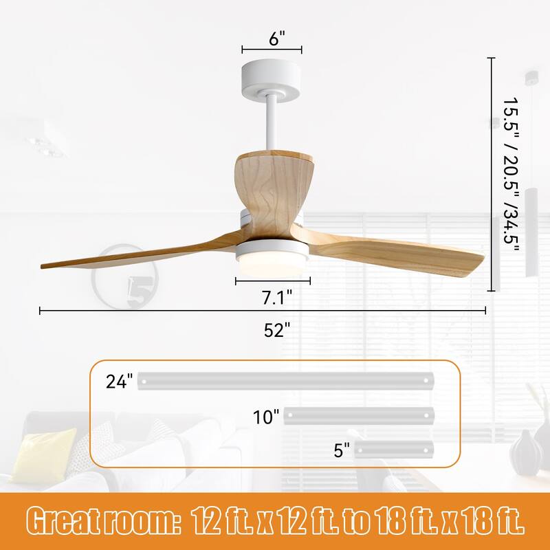 Sofucor 52 Inch Ceiling Fan with Light and Remote,Smart Optional,Quiet DC Motor for Bedroom Living Room Farmhouse Patio Porch