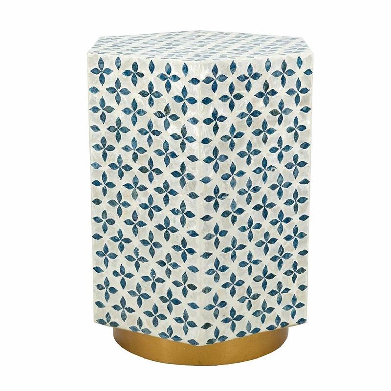 ​Hexagonal Accent Table - Blue Capiz & Gold Metal Base, End Table, Side Table - 15x13x18.5"