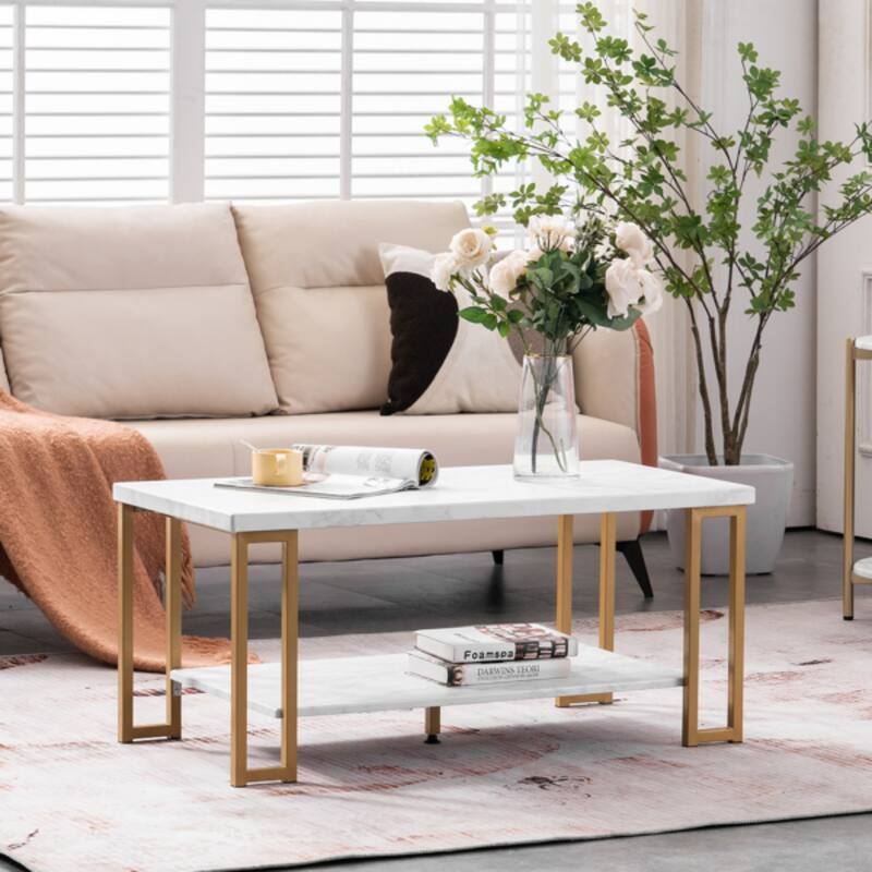 White and Gold Rounded Coffee Table with Faux Marble Top and Metal Legs Perfect for Living Room - 39.73 x 20.08 x 18.11