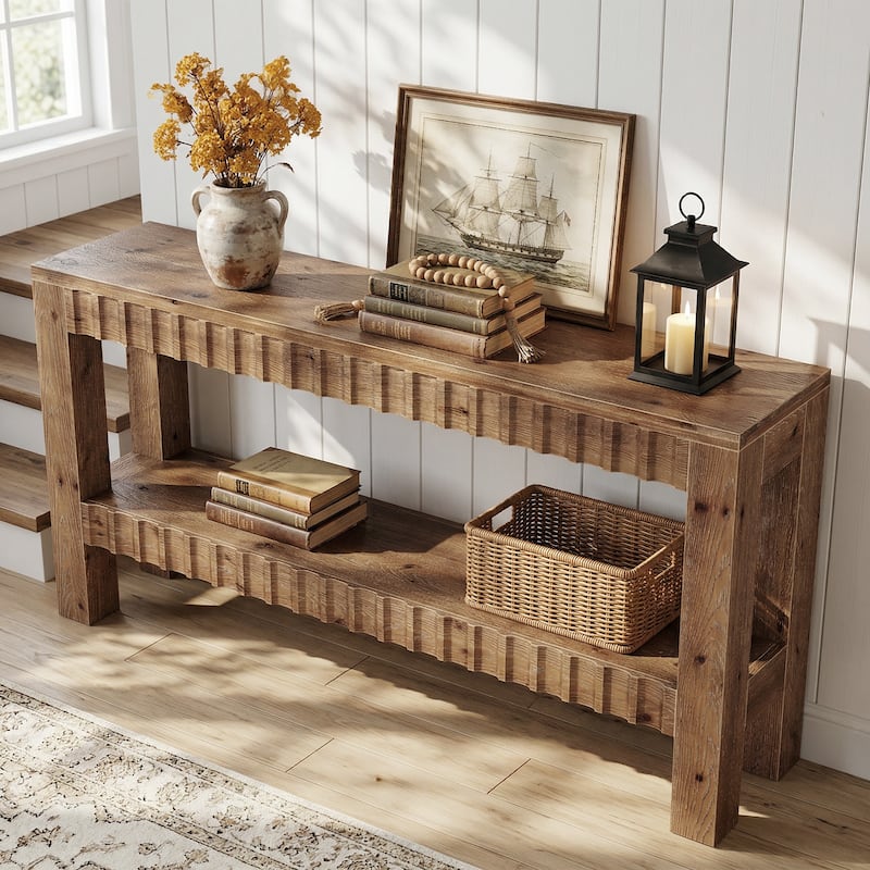63 Inch Solid Wood Console Table for Entryway, Narrow Long Sofa Table with Storage Shelf, Farmhouse Style