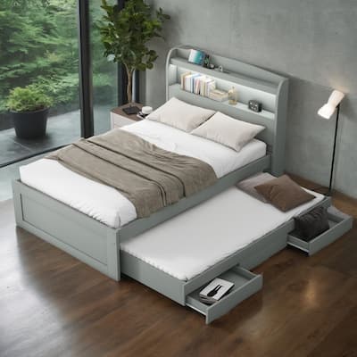 Twin XL Size Platform Bed with Storage LED Headboard, Charging Station, Twin Size Trundle and 2 Drawers