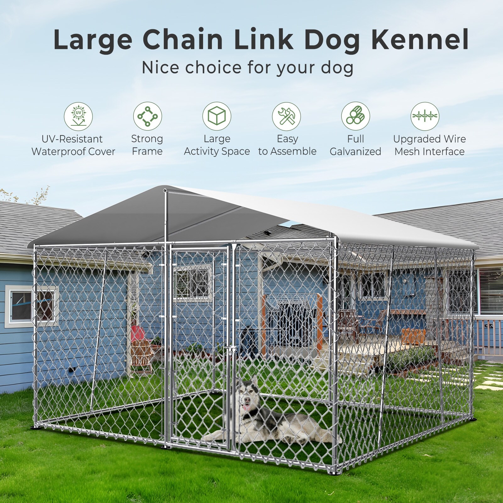 Outdoor Dog Kennel with Roof, Heavy Duty Chain Link Dog Kennel