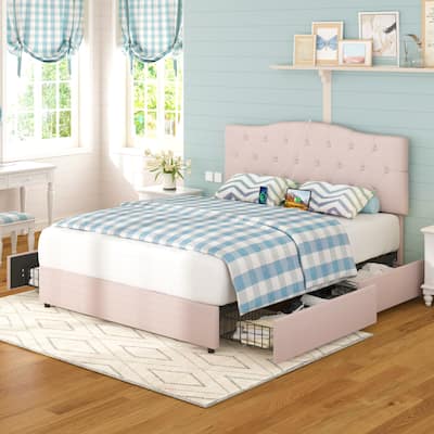 VECELO Upholstered Storage Bed Frame with USB Ports and 4 Storage Drawers, Upholstered Beds with Adjustable Headboard