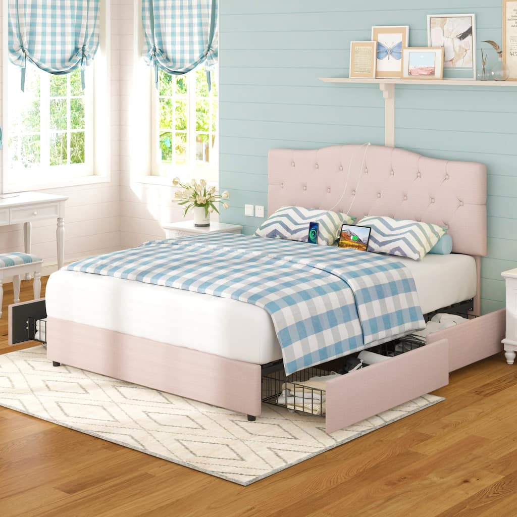 VECELO Upholstered Storage Bed Frame with USB Ports and 4 Storage Drawers, Upholstered Beds with Adjustable Headboard