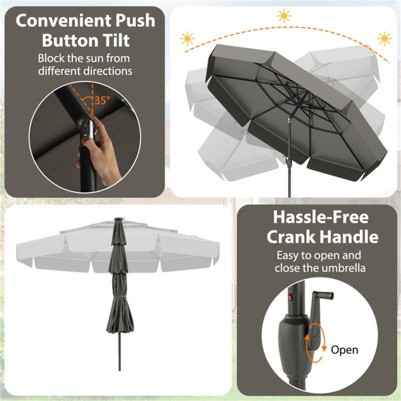 Outdoor 10 ft Umbrella with 3-Tier Venting Solar LED Lights Tilt and Crank for Poolside or Garden
