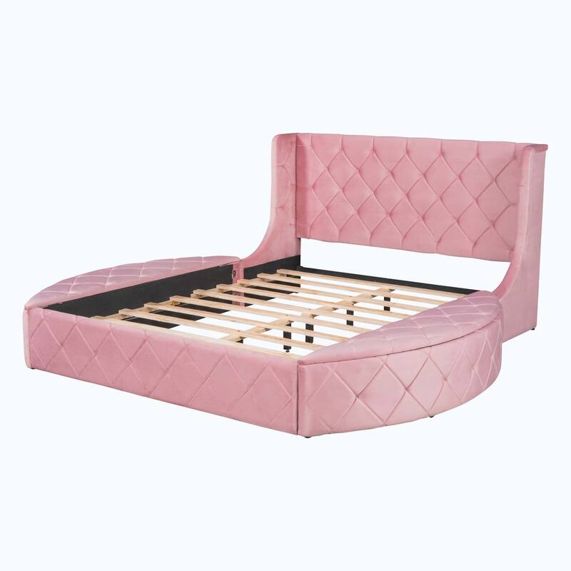 Queen Size Upholstered Platform Bed with Wingback Headboard and 1 Big Drawer,2 Side Storage Stool
