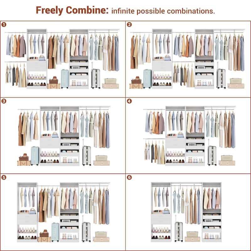 Walk-In Closet Set of 2: 50"-156" Adjustable Organizer System with 6 Hanging Rods, 5 Drawers, 1 Shelves, Shoe Rack