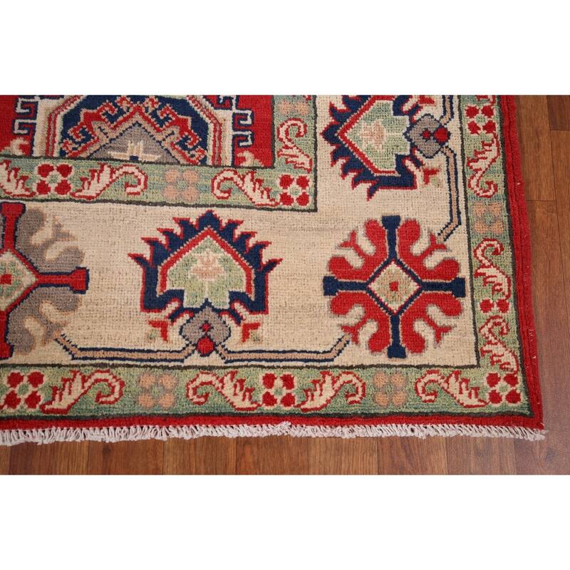 Geometric Kazak Rug Hand-Knotted Bedroom Red Wool Carpet - 5'9" x 7'7"
