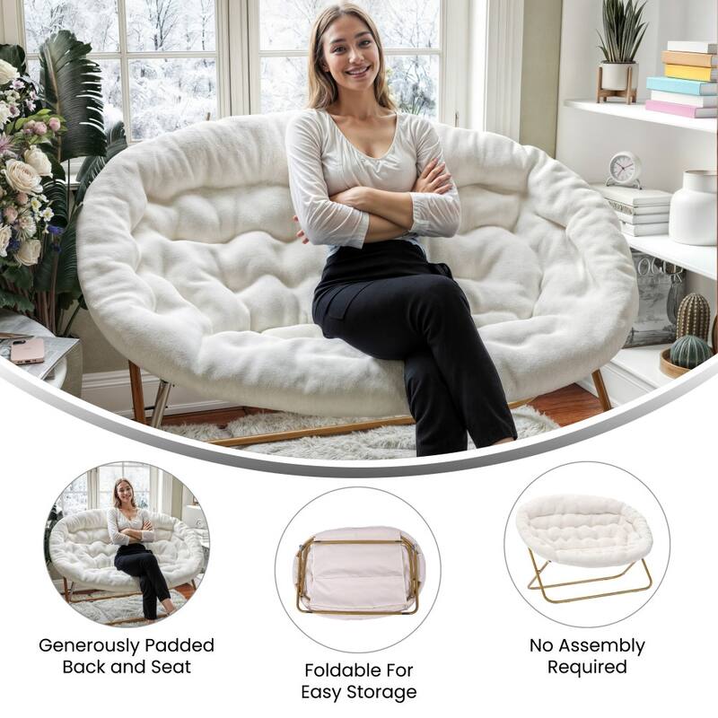 Folding Synthetic Fur Double Saucer Chair with Steel Frame - 27.5"D x 55.5"W x 33.5"H