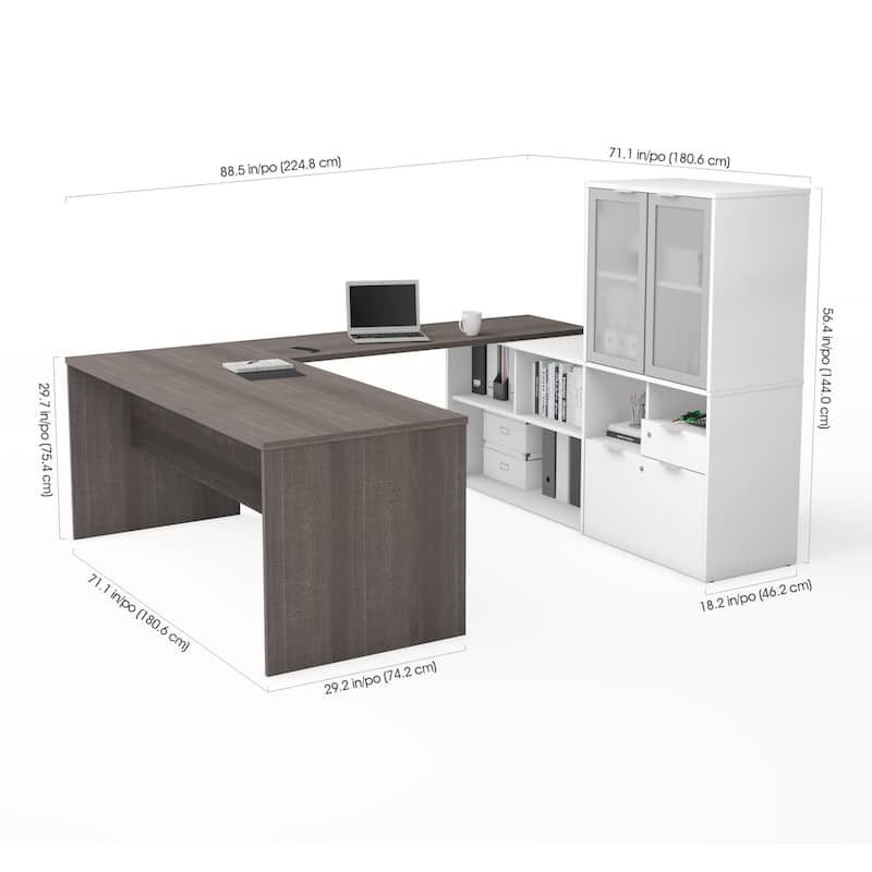 Bestar i3 Plus U-Desk with Frosted Glass Door Hutch
