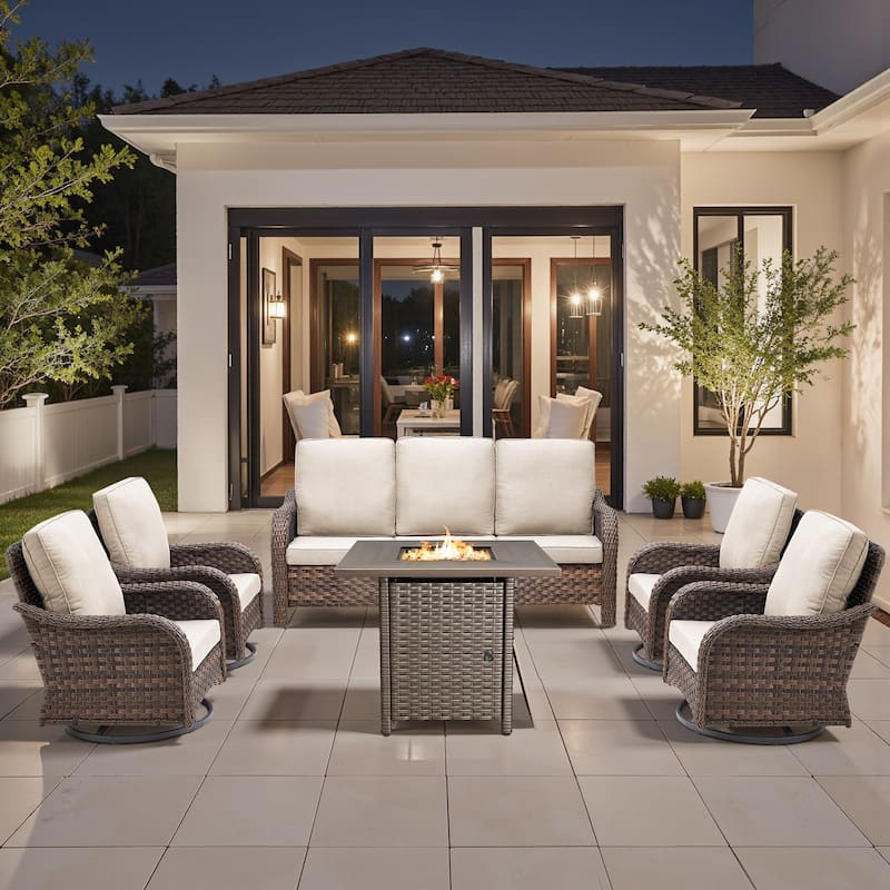 Pocassy Patio Sofa Swivel Chair with Fire Table Funiture Set - Beige Cushion - Brown Wicker - 6-Piece Sofa Swivel Chair with Fire Pit Table