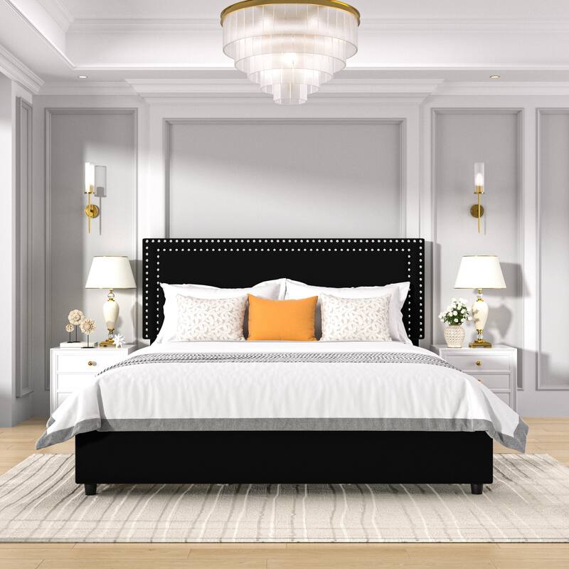 Modern Upholstered Bed Frame with Adjustable Headboard & 4 Storage Drawers Platform Fabric Bed with Button Tufted Headboard