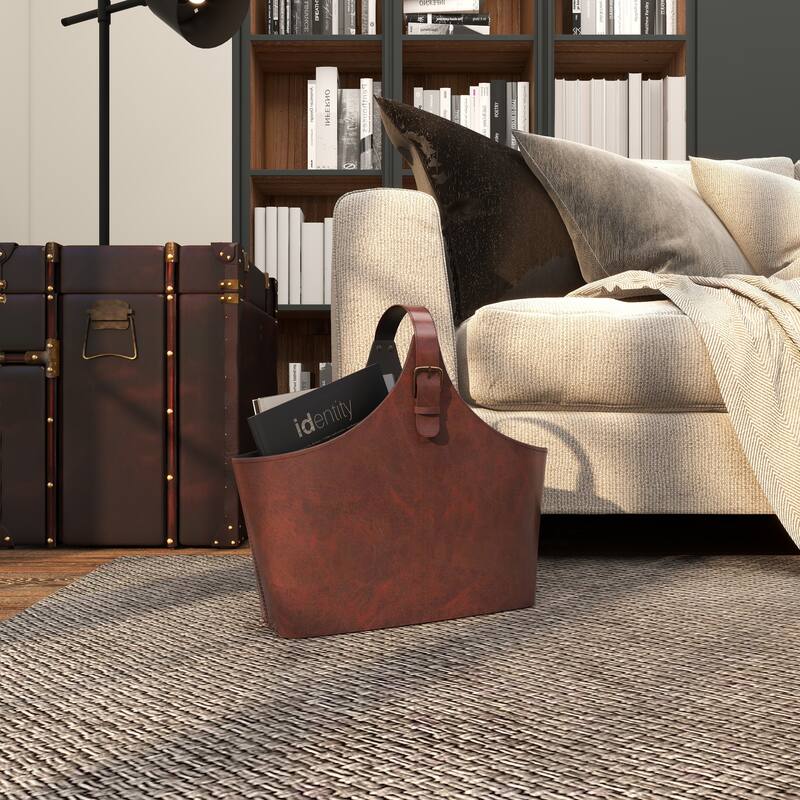 Leather Handmade Box Style Single Slot Magazine Holder with Buckle Handle - Brown, Dark Brown, Gray or Black - Roche River Decor