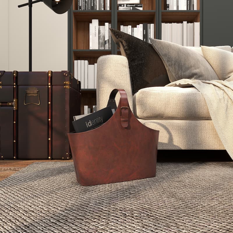 Brown, Dark Brown, Gray or Black Leather Handmade Box Style Single Slot Decorative Magazine Holder with Curved Buckle Handle