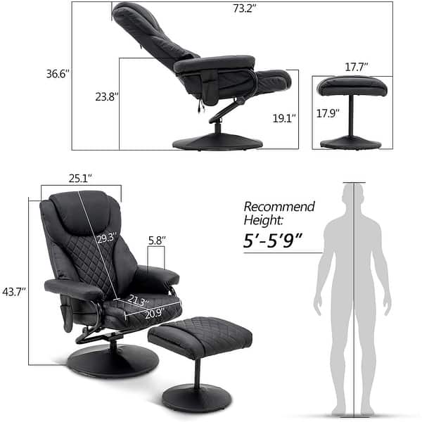 dimension image slide 3 of 5, Mcombo Faux Leather Swivel Massage Recliner w/ ottoman