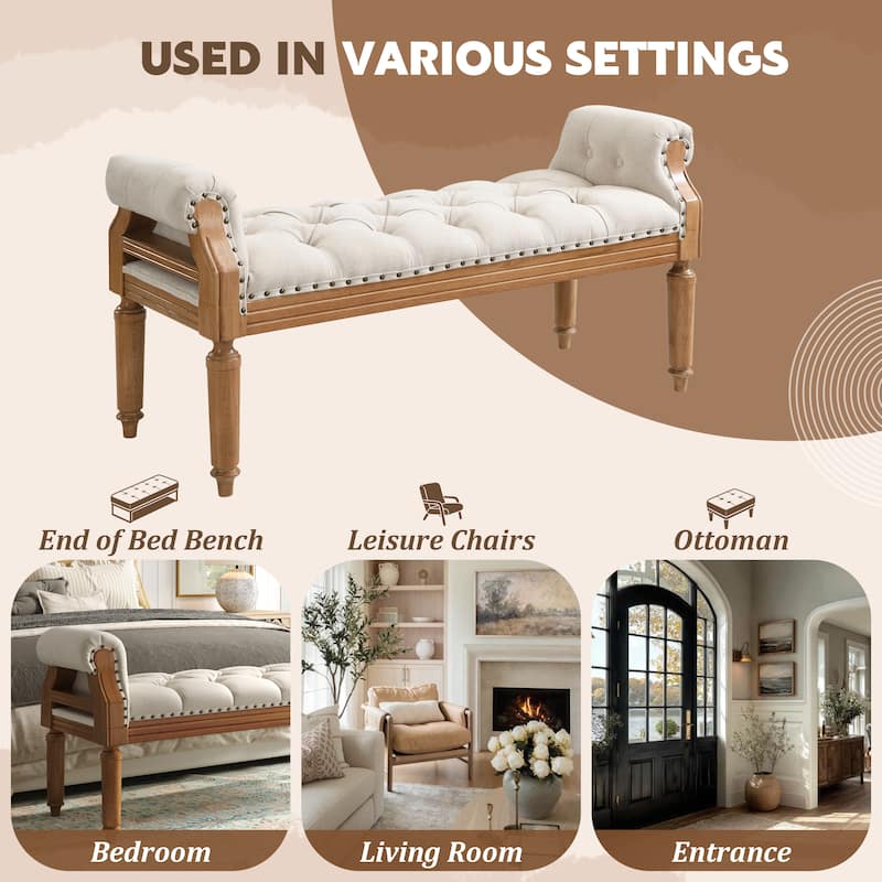 Christopher Knight Home - Mid-Century Solid Rubberwood Upholstered Bench with Rolled Arms, Button-Tufted Cushion & Nailhead Trim